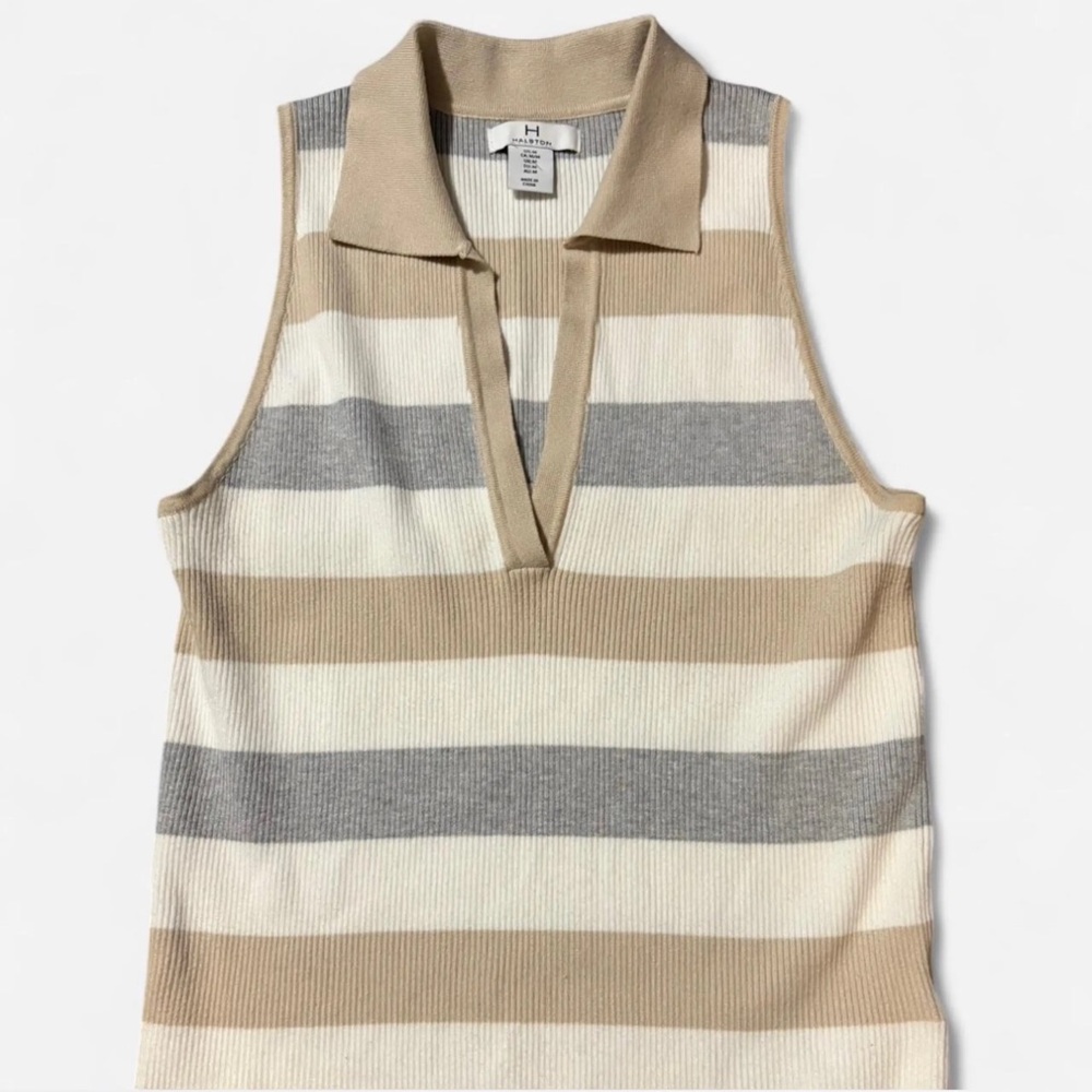 Halston Heritage Cream and Gray Striped Knit vneck Top XS